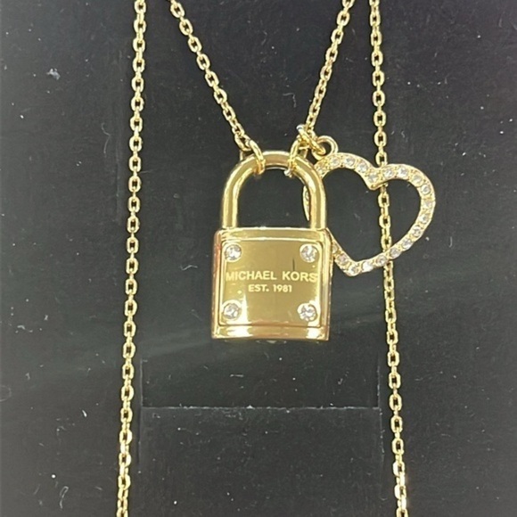 Brand New Michael Kors Gold Tone Rhinestone Heart Logo Charm Locket Necklace - Picture 4 of 13